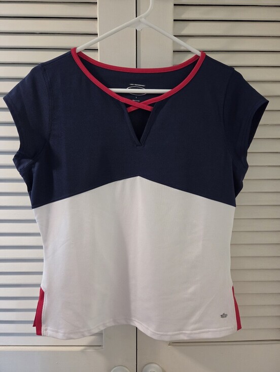 bolle Tops - Bolle Navy & White Colorblock V-Neck Women’s Active Top with Red Trim. Sx L